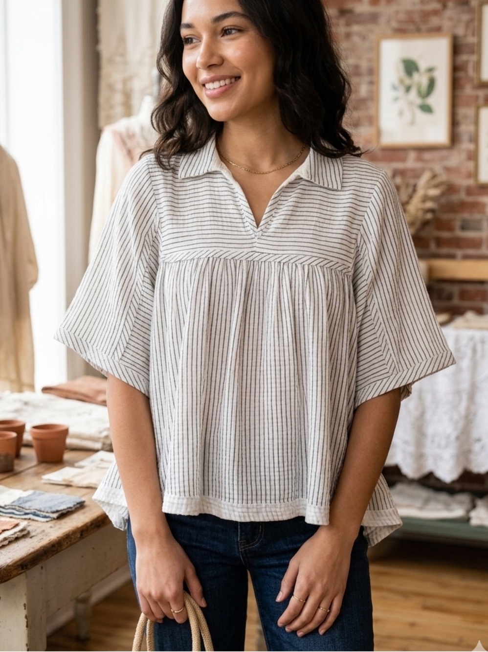 Ces Femme Cotton Seersucker Babydoll Peasant Blouse off white and Black Medium